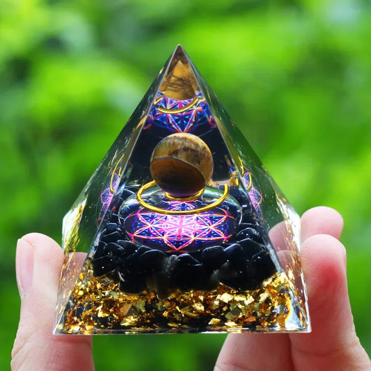 Energy Pyramid with Natural Amethyst Ball – Orgonite Reiki Chakra Healing Crystal Decoration
