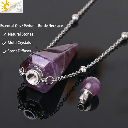 Natural Stone Cone Perfume Bottle Necklace – Clear Quartz Crystal Pendant &amp; Essential Oil Diffuser